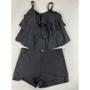 Septangle Women Layered Ruffle Two Piece Tankini Bathing Suit, Black, 18